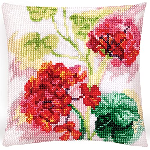 Collection d'Art 5418 Rote Geranie Stickkissen Kreuzstich-Set, Baumwolle, Mehrfarbig, 40x40cm