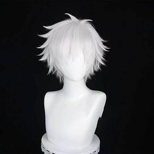 WCCNKK Wig Anime Cosplay Perücke for Jujutsu Kaisen Satoru Gojo Cosplay Perücke Silbrig-Weißes Kurzes Haar Perücke, Mit Perückenkappe, Anime-Geschenk, Halloween-Partys