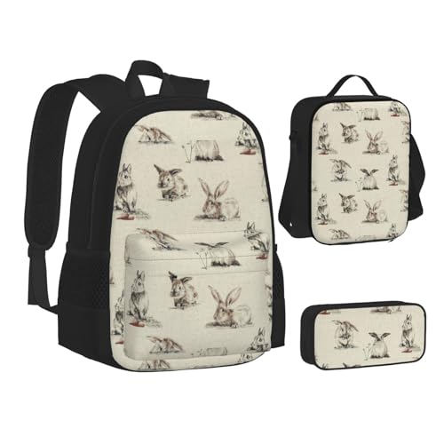 WURTON Büchertasche mit Kaninchen-Hintergrund, Teenager, Lunch-Tasche, Federmäppchen, 3-in-1, Schulrucksack-Set, Kinderrucksack