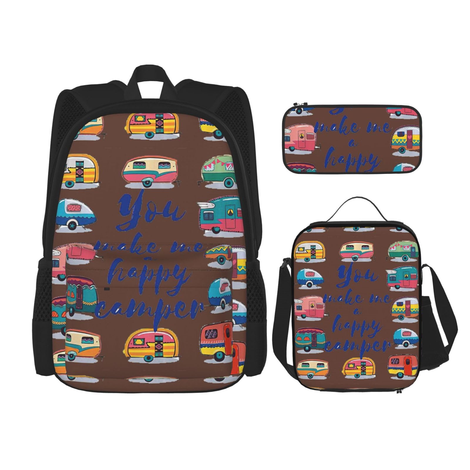 WURTON You Make Me Happy Camper Trailer Print Rucksack Mädchen Jungen Schultaschen Teenager Lunchbox und Federmäppchen 3 in 1 Büchertaschen Set