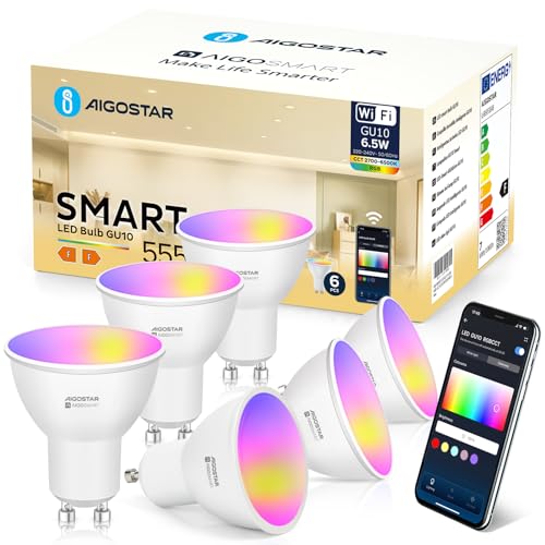 Aigostar Alexa Glühbirnen GU10 SL2 Smart LED Lampe 6.5W Wlan Glühbirne LED RGBCW 2700-6500K Dimmbare, 26 Szenenmodus, App-steuerung, Kompatibel mit Alexa/Google Home, Kein Hub notwendig, 6 Stück