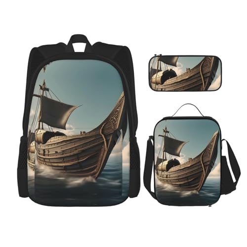 YQxwJL 3-in-1-Rucksack-Büchertaschen-Set, violetter Pfauenmuster, lässiger Reiserucksack, mit Federmäppchen, Lunchtasche, Old Viking Boat, Einheitsgröße