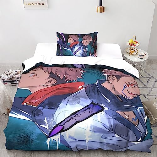 UKALOU Jujutsu Kaisen 3-Piece Duvet Cover Set - 3D Printed Comforter Cover with Hidden Zipper Closure, Microfiber Sukuna Bedding Set with Pillowcases for A Cozy Night's Sleep Single（135x200cm）