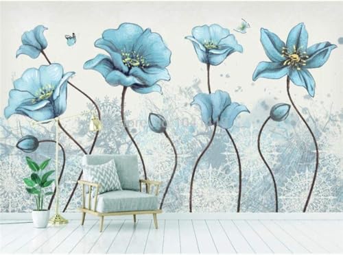 Vintage Blaue Blume Schmetterling 3D Tapete Poster Restaurant Schlafzimmer Wohnzimmer Sofa TV Dekorative Wand-250cm×170cm