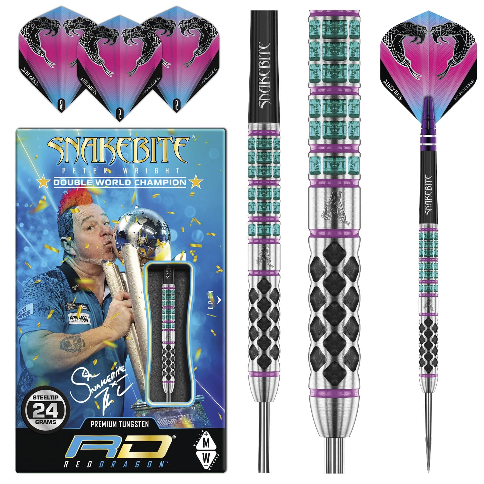 RED DRAGON Peter Wright Snakebite Supa-Venom 24-Gramm-Premium-Wolfram-Dartset mit Flights und Stielen