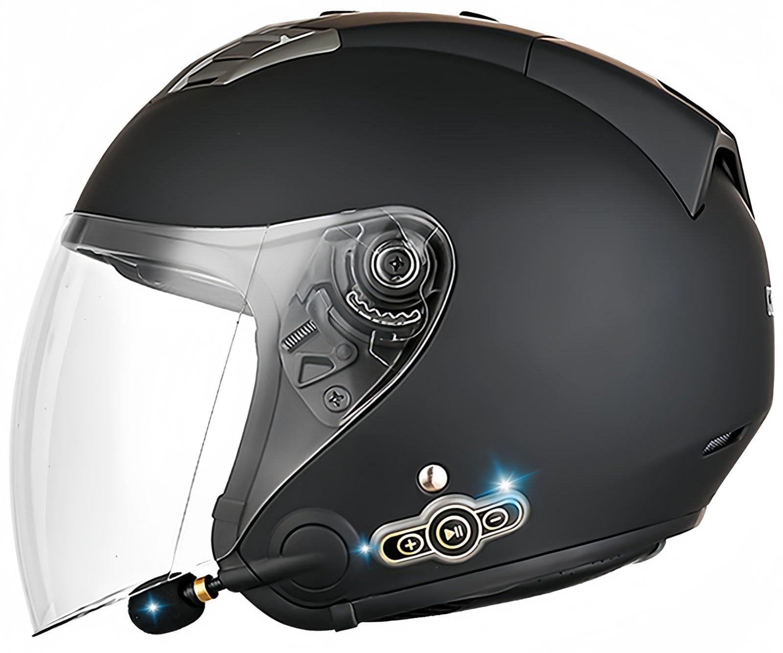 Offenes Gesicht mit Bluetooth-Leder mit individueller Schutzbrille, Motorradhelm, halbe Abdeckung, 3/4-Schutzhelm, ECE-geprüft, für Männer und Frauen, integriertes Mikrofon B,M57-58CM