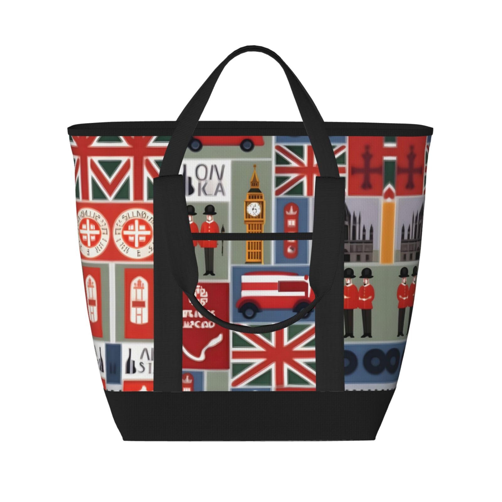 YQxwJL Isolierte Kühltasche mit England-Symbol-Aufdruck, große Kapazität, Einkaufstasche, Reisetasche, Strand, wiederverwendbare Einkaufstasche für Erwachsene, Schwarz, Einheitsgröße, Schwarz ,