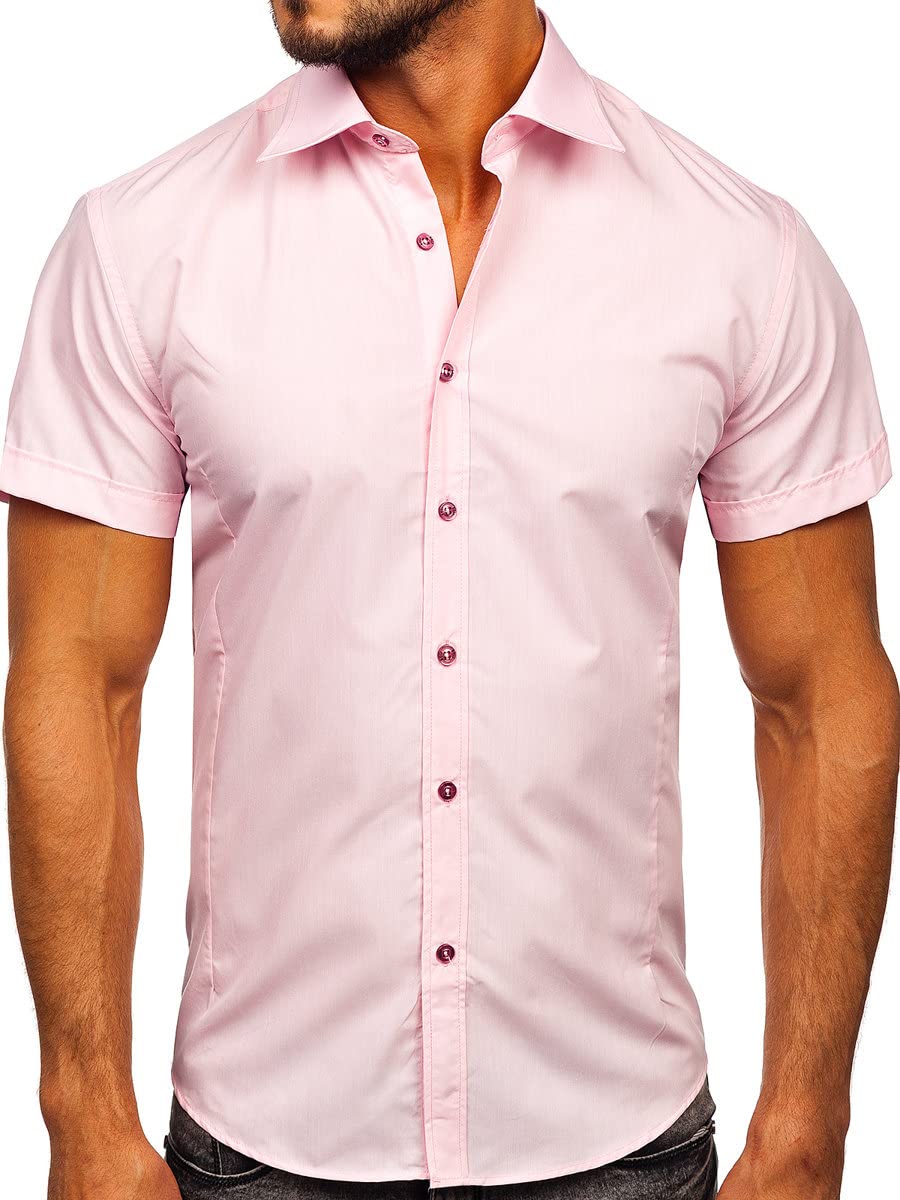 BOLF Herren Kurzarm Hemd Elegant Figurbetont Unifarbe Basic Slim Fit 7501 Rosa XL [2B2]