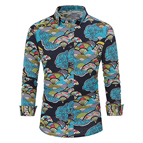 Allthemen Herren-Hemd, lässig, bedruckt, langärmelig, Paisley-Druck, Leinen-Shirt, einzigartiges Muster Gr. XXL, Klappventilator