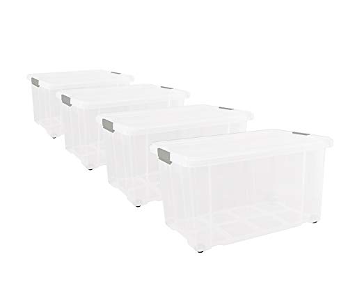 Unimet 4 Stück Eurobox mit Deckel und Rollen 60 x 40 x 33 cm Transparent Griffe Silber