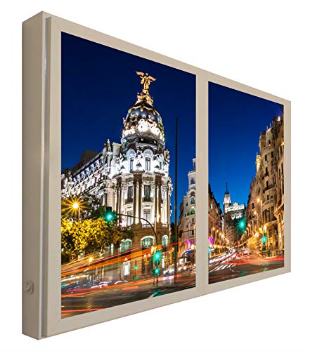 Ccretroiluminados Madrid Gran Via falsche Fenster Wandbilder beleuchtet, Holz, Mehrfarbig, 80 x 6.5 x 60 cm