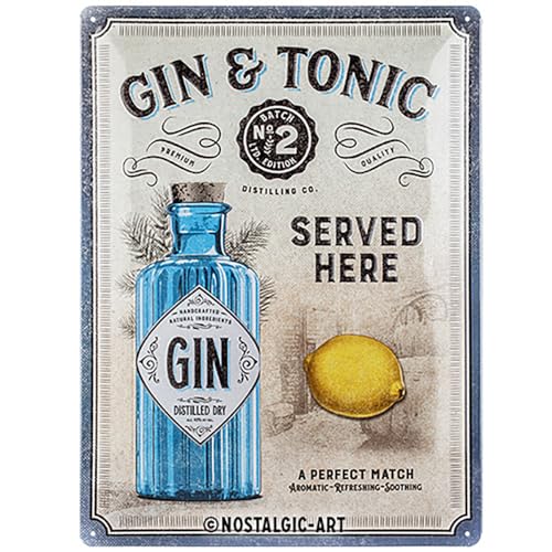 Nostalgic-Art Retro Blechschild, 30 x 40 cm, Gin & Tonic Served Here – Geschenk-Idee als Bar Zubehör, aus Metall, Vintage Design