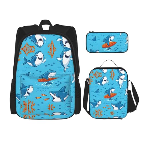 WURTON Unterwasserwaldruck Reise Lunchbox Federmäppchen Rucksack Set 3 Stück Verstellbare Träger Leicht, Schwarz, Einheitsgröße, Schwarz , Einheitsgröße