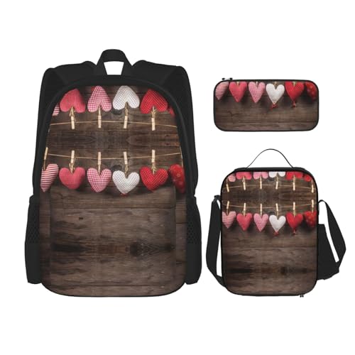 WURTON Valentine 's Hearts Print Rucksack Mädchen Jungen Schultaschen Teenager Lunchbox und Federmäppchen 3 in 1 Büchertaschen Set