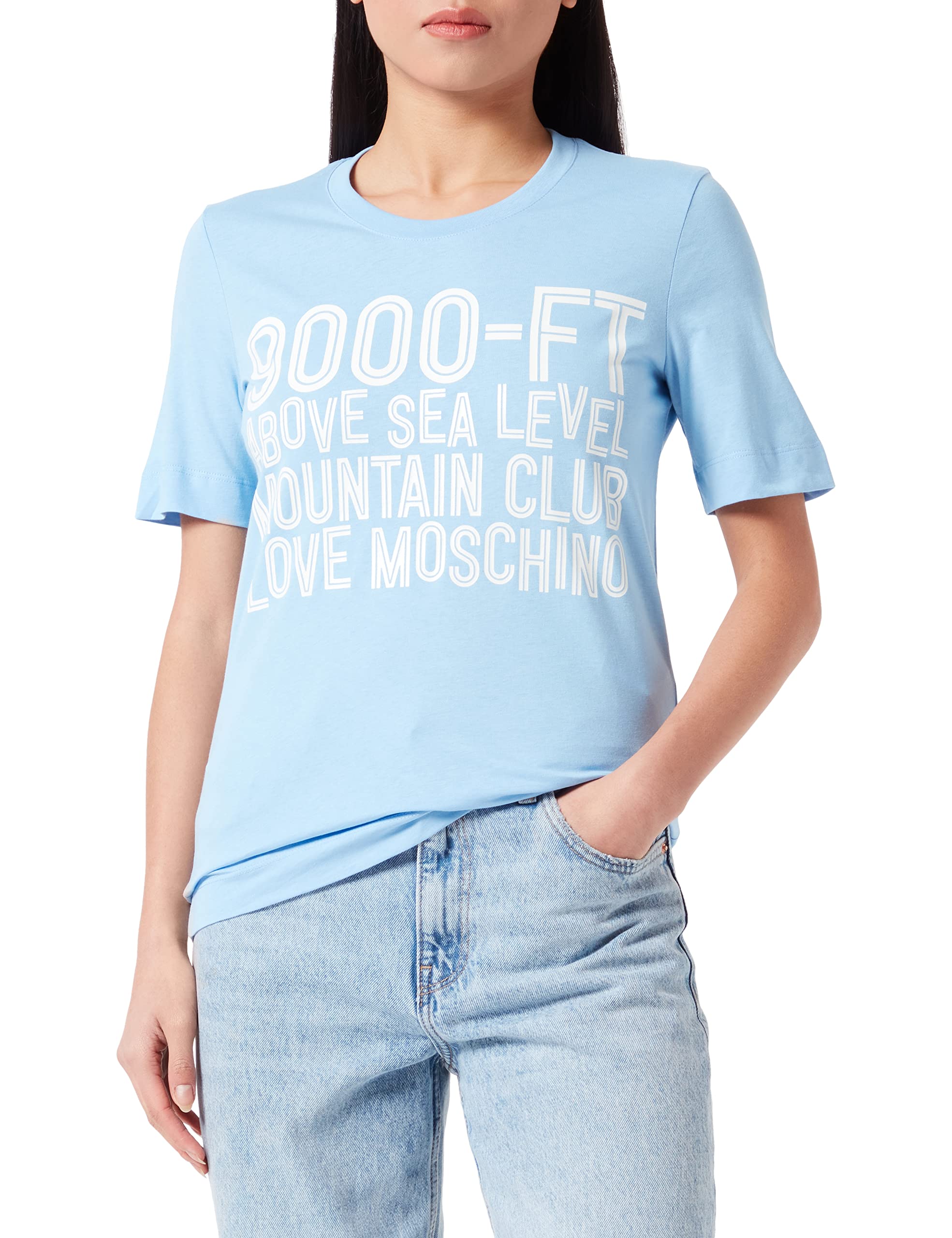 Love Moschino Women's Regular fit Short-Sleeved with 9000-ft Water Print T-Shirt, Light Blue, 40