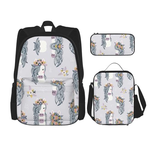 WURTON Niedliches Rucksack-Set mit Pferde-Aufdruck, Schultasche mit Lunchtasche, Federmäppchen, Kombination, Schultaschen-Set