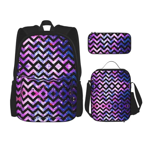 WURTON Galaxy Print Schulrucksack 3 in 1 Büchertasche Set mit Lunchbox Federmäppchen Reise Laptop Daypacks