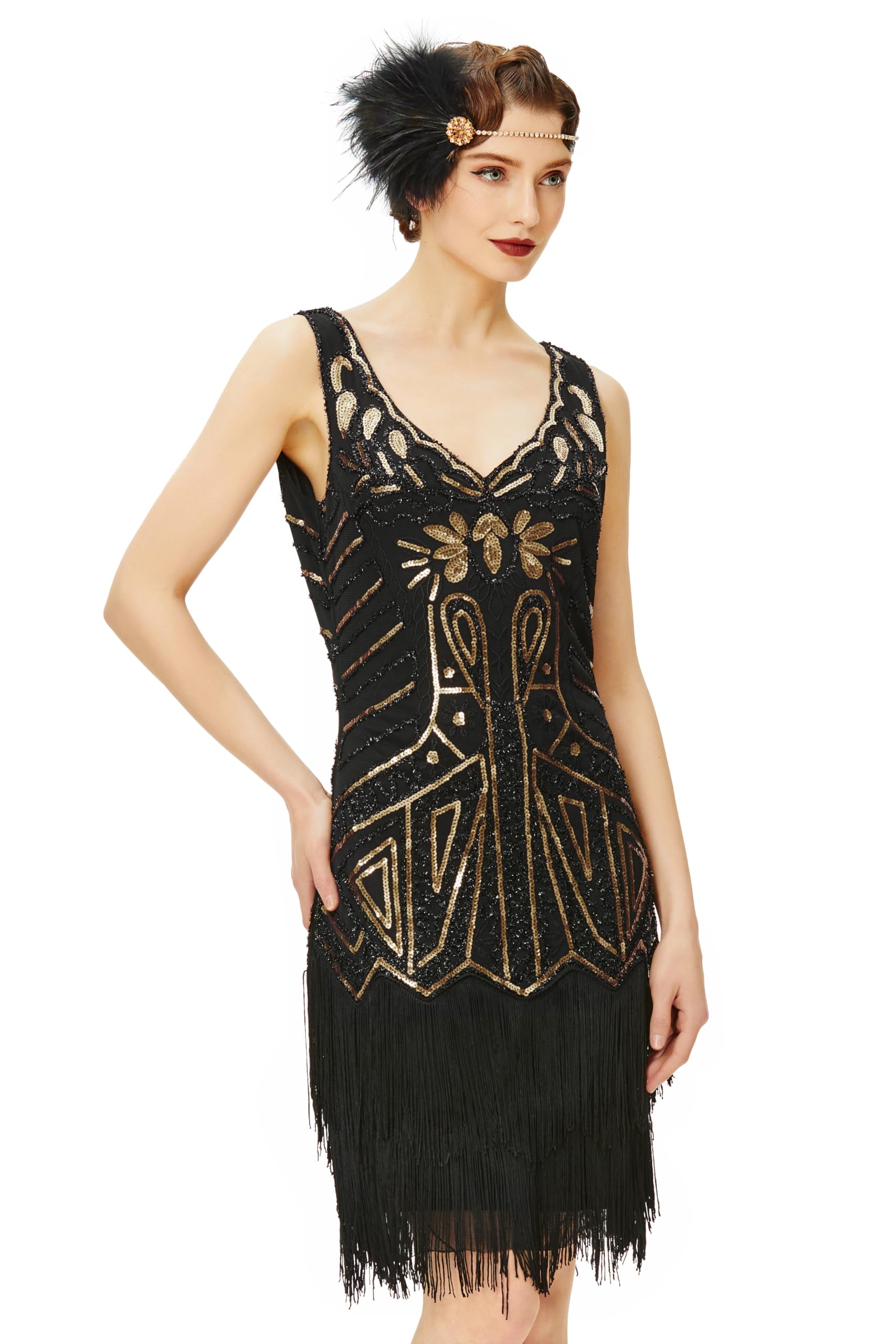 BABEYOND Damen flapper kleider der 1920er jahre mit v-ausschnitt perlen gesäumt great gatsby kleid Gold Schwarz Small