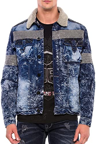 Cipo & Baxx Herren Jeansjacke Denim Biker Jacket Rider Waschung Jacke Freizeit Fellkragen Design Blau XXL