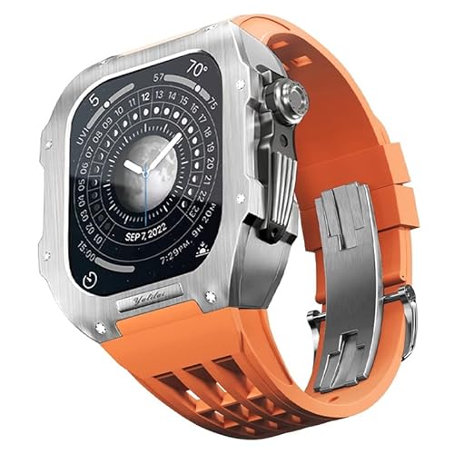 KANUZ Gummiarmband, Metalllünette für iWatch SE/4/5/6/7/8, Apple Mod Watch-Zubehör, Ersatz-Edelstahlgehäuse für SE, Apple-Serie, 44 mm, 45 mm (Farbe: Orange, Größe: 44 mm)