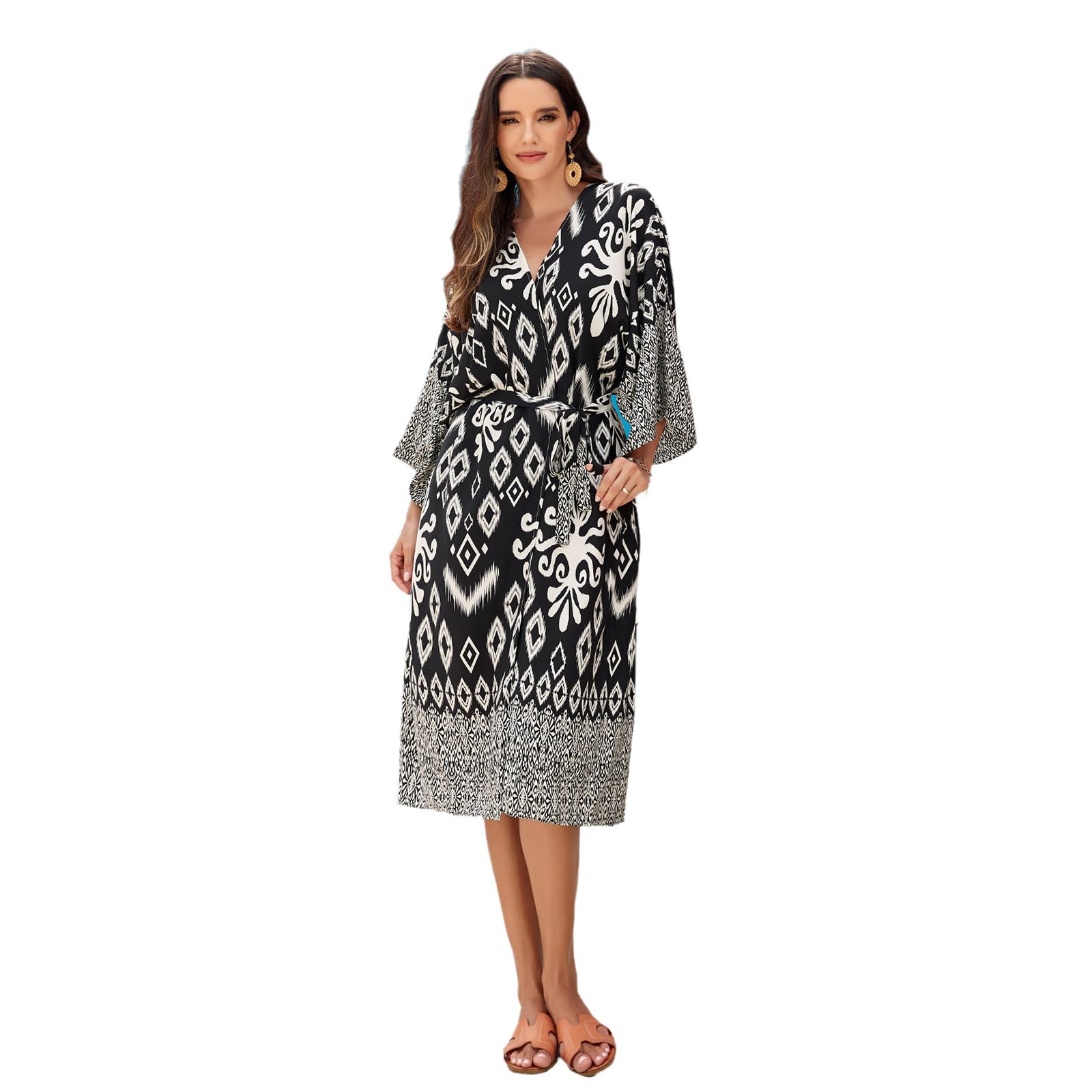 Zdprkqzvz Damen Kimono Cardigan Mit Offener Vorderseite Geometrischer Druck Lockeres Oberteil Mit Gürtel Langärmeliges Strandkleid Badeanzug Vertuschung