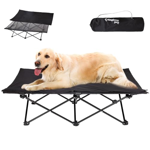 KingCamp Erhöhtes Hundebett Hundeliege Outdoor Haustierbett Haustierliege Atmungsaktivem Mesh & Wildledermatte & Rutschfesten Füßen für Reisen Garten Outdoor Indoor, Schwarz 126 x 66 x 33 cm