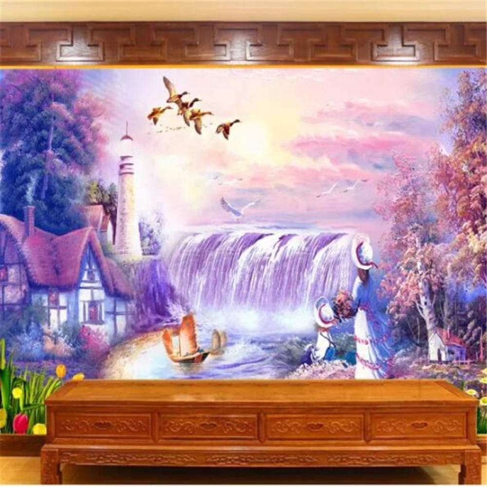 Fantasielandschaft Wasserfälle Häuser Bäume 3D Tapete Poster Restaurant Schlafzimmer Wohnzimmer Sofa TV Dekorative Wand-430cm×300cm