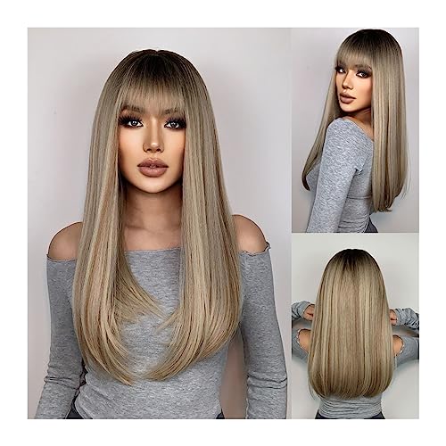 Perücken für Frauen Lange gerade synthetische Perücken for Frauen, natürliche braune blonde Perücke mit Pony, hitzebeständiges Cosplay-Party-Haar für die Tägliche Party Cosplay Tragen