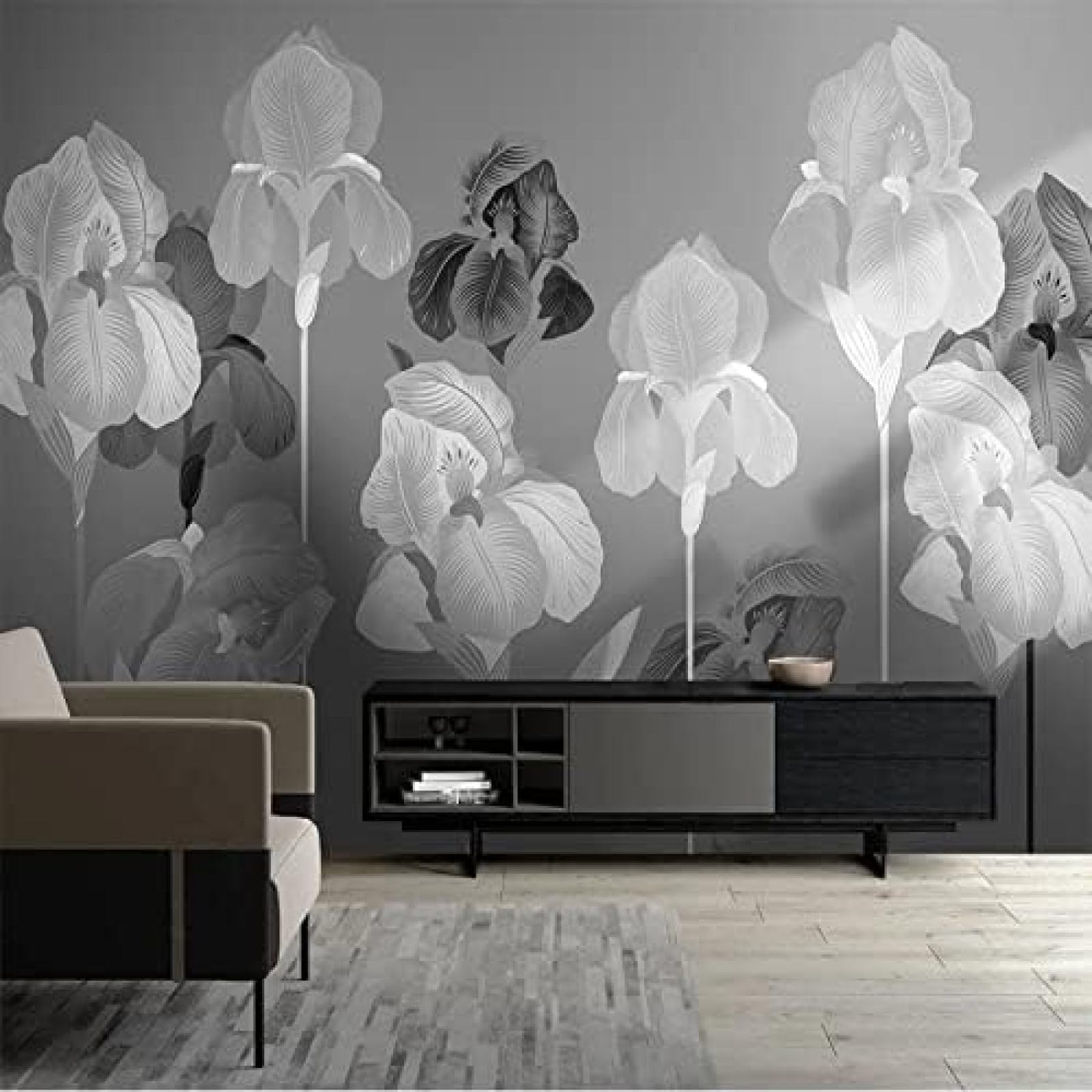 XLMING Handgemalte Blume Und Blatt Schwarz Weiß Grau 3D Tapete Wohnzimmer Sofa Schlafzimmer Esszimmer Home Dekoration Wand-300cm×210cm