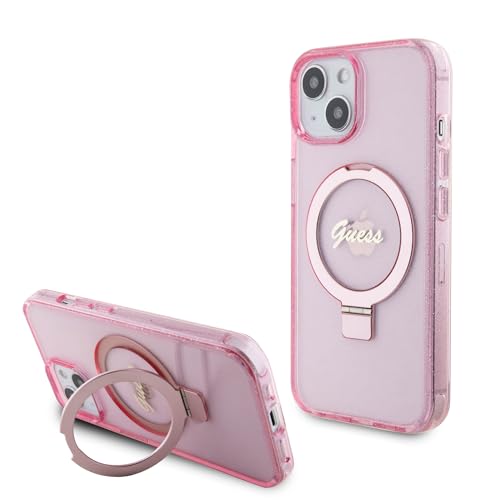 CG MOBILE Guess Handyhülle kompatibel mit Magsafe – iPhone 15 Handyhülle in Pink mit Ringständer, IML kratzfeste, bequeme und langlebige Hartschale mit zugänglichen Anschlüssen und Signatur-Logo