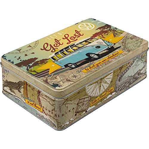 Nostalgic-Art Retro Vorratsdose Flach, 2,5 l, VW Bulli – Let's Get Lost – Volkswagen Bus Geschenk-Idee, Blech-Dose mit Deckel, Vintage Design