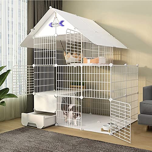 Katzenkäfig – Kaninchenkäfig für den Innenbereich, Katzenkäfig, großer Indoor-Katzenkäfig mit Katzentoilette, Katzenkäfig mit Tür und geschlossener Katzentoilette für Katzen (Set C 111 x 85 x 145 cm)