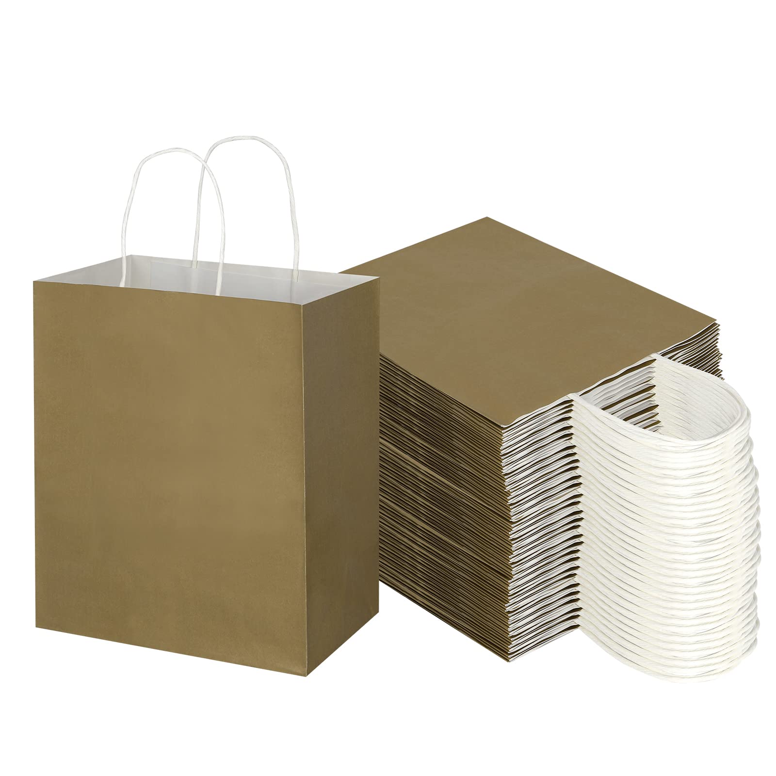 Toovip 100 Stück 20.3x12.9x25.4 cm mittelgroße Kraftpapiertüten mit Griffen, Geschenktüten für Geburtstagsparty, Gastgeschenke, Lebensmittel, Einkaufen, Geschäft, Handwerk, Merchandise-Taschen (Gold)