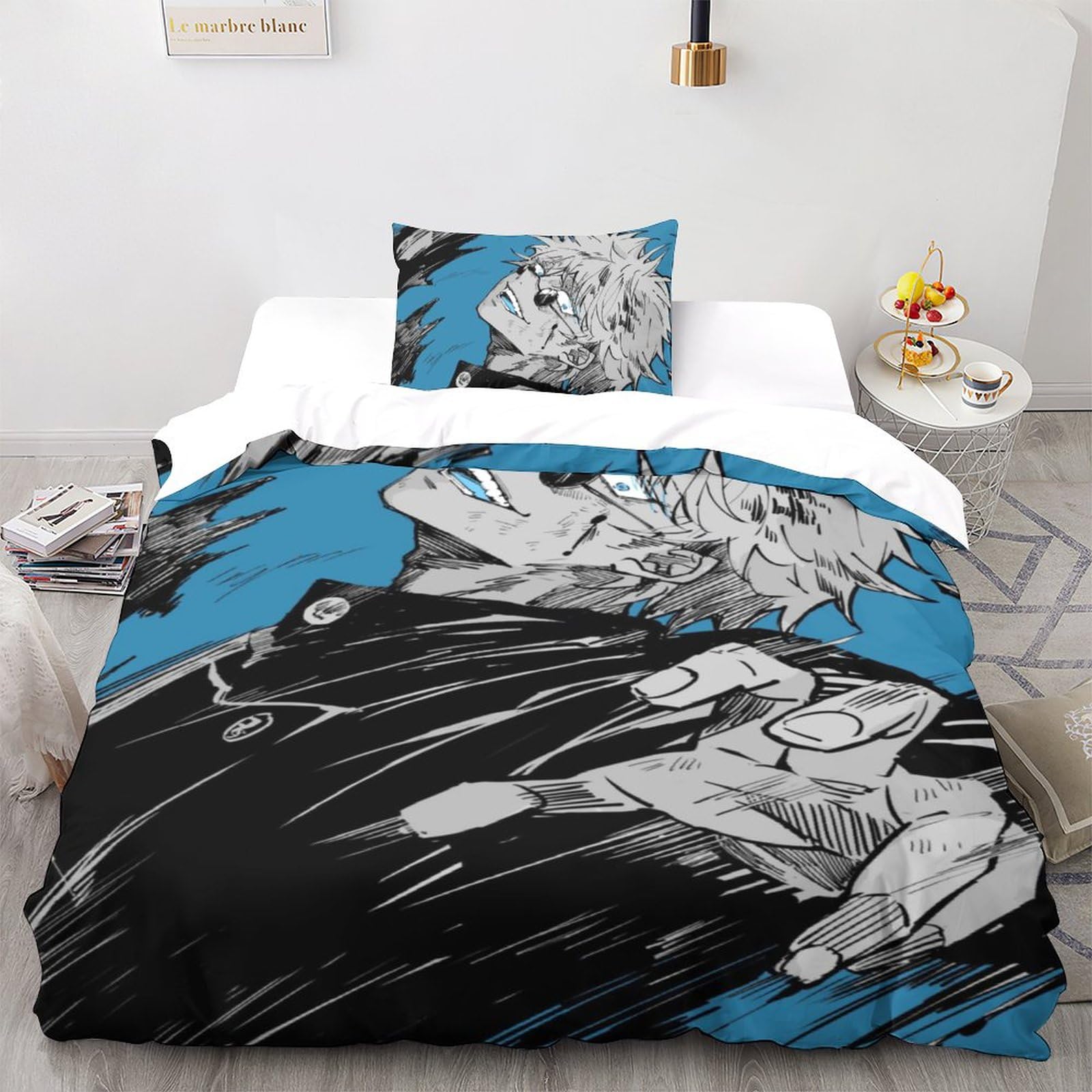 UKALOU Jujutsu Kaisen Gojo Satoru Bettwäsche 3D Print Bettbezug 3 Teilig Weiche Mikrofaser Kinder, Jungen, Mädchen Und Kissenbezug Haltbar Atmungsaktive Single（135x200cm）