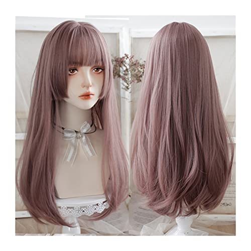 Perücke für Frauen 61 cm lang, glattes Haar, synthetische Perücke for Frauen, Mädchen, rosa, dünne Rattan-Pony-Perücke, natürliche, hitzebeständige, tägliche Cosplay-Party-Perücke Human Hair Wig