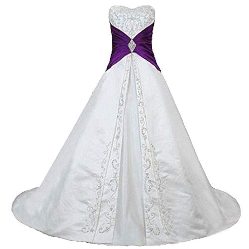 Zorayi Damen Elegante A-Linie Schnürung Stickerei Satin Brautkleid Hochzeitskleider Elfenbein & Lila Größe 46