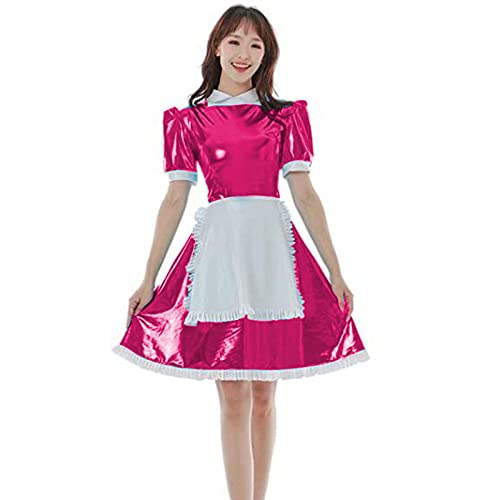 Übergröße Sommer Kurzarm Minikleid Rücken Reißverschluss Kleid Plissee Vestido Tanzen Clubwear mit Schürze, Rosenrot, M