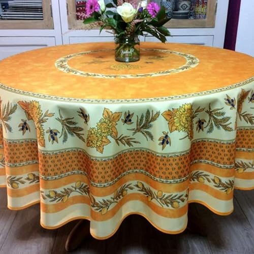 Villages de Provence Runde schmutzabweisende Tischdecke - Faltenbeständig und 100% Polyester - Gelb - Ø 180 cm - Tournesol Abeille - 6/8 Besteck - Innen oder Außen - Esstisch, Küche oder Garten