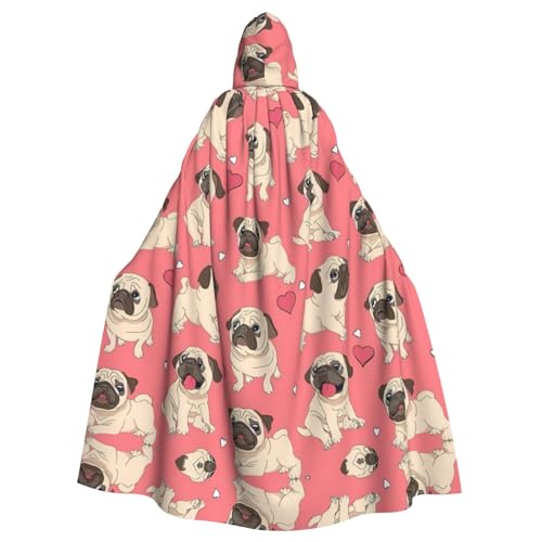 YQxwJL Lustiger Cartoon-Mops-Welpen-Hunde-Aufdruck, langer Umhang, Unisex, mit Kapuze, Halloween, Weihnachten, Kostüme, Party-Umhang