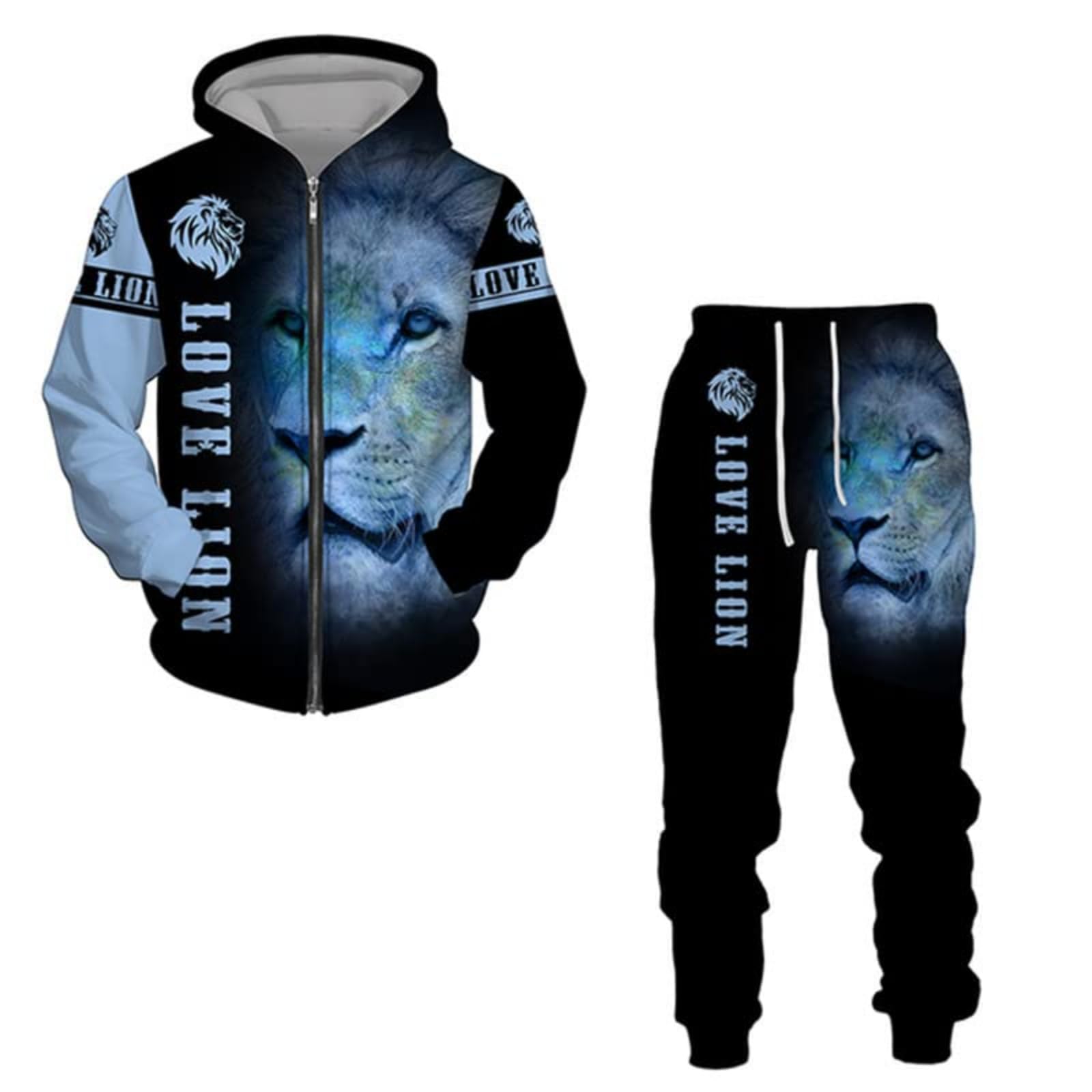 Herren 3D Lion Sweat Suit 2 Piece Outfit Sport Jogging Trainingsanzüge Set (A6,M)