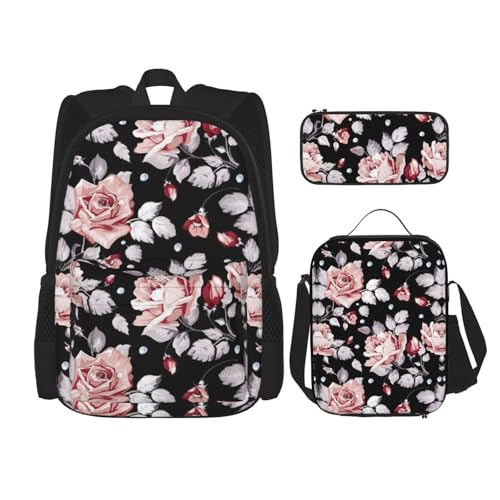 WURTON Rucksack-Set, Motiv: rosa Blumendruck, verstellbare Schultergurte, Lunch-Tasche, Federmäppchen, Kombinationstaschen-Set