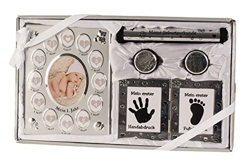 Mel-O-Design Babyset mit Bilderrahmen Handabdruck Fußabdruck Geschenkset + 2 Dosen
