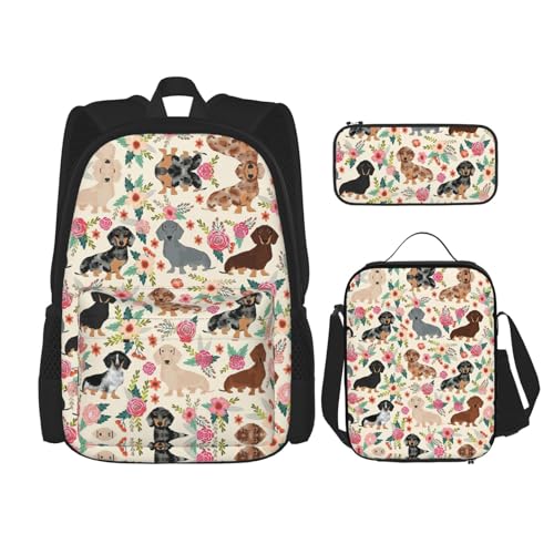 WURTON Dackel-Blumendruck, trendige Rucksacktaschen, Lunchbox und Federmäppchen, 3-in-1, verstellbares Rucksack-Set, Schwarz, Einheitsgröße, Schwarz , Einheitsgröße