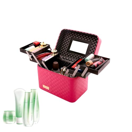 EsEico Make-up-Organizer-Tasche mit Spiegel, Make-up-Box-Zug-Etui,4-lagige, Faltbare Toilettenbox mit Spiegel | Tragbare wasserdichte Kulturbox mit großem Fassungsvermögen, Make-up-Tasche,