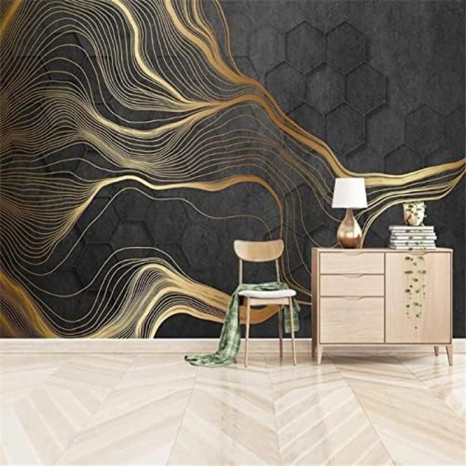 XLMING Minimalistische Handgemalte Kunst Mit Goldener Liniengeometrie 3D Tapete Wohnzimmer Sofa Schlafzimmer Esszimmer Home Dekoration Wand-150cm×105cm