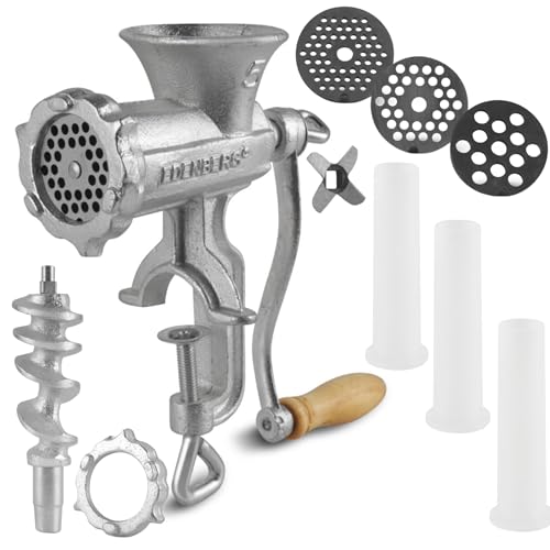 EDENBERG Fleischwolf Größe 5 - Gusseisen Fleischwolf Manuell, Tischmontage, Leicht zu Reinigen, Churros Maker, Meat Grinder, 3mm/5mm/8mm Siebe, Wurstfüller und Hackfleisch Maschine