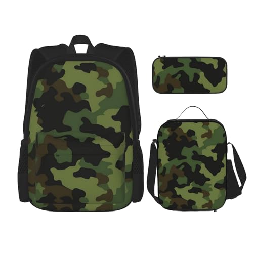 Mehrzweck-Schulranzen mit ägyptischer Pyramide in Wüste, mit passendem Federmäppchen und Lunchtasche, stilvolle All-in-One-Lösung, Camouflage-Muster, Einheitsgröße