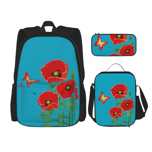 WURTON Butterfiy und Blumendruck, Schulterrucksack, 3-in-1-Büchertaschen-Set, Lunchbox, Federmäppchen, Reise-Laptop-Tagesrucksäcke, Schwarz, Einheitsgröße