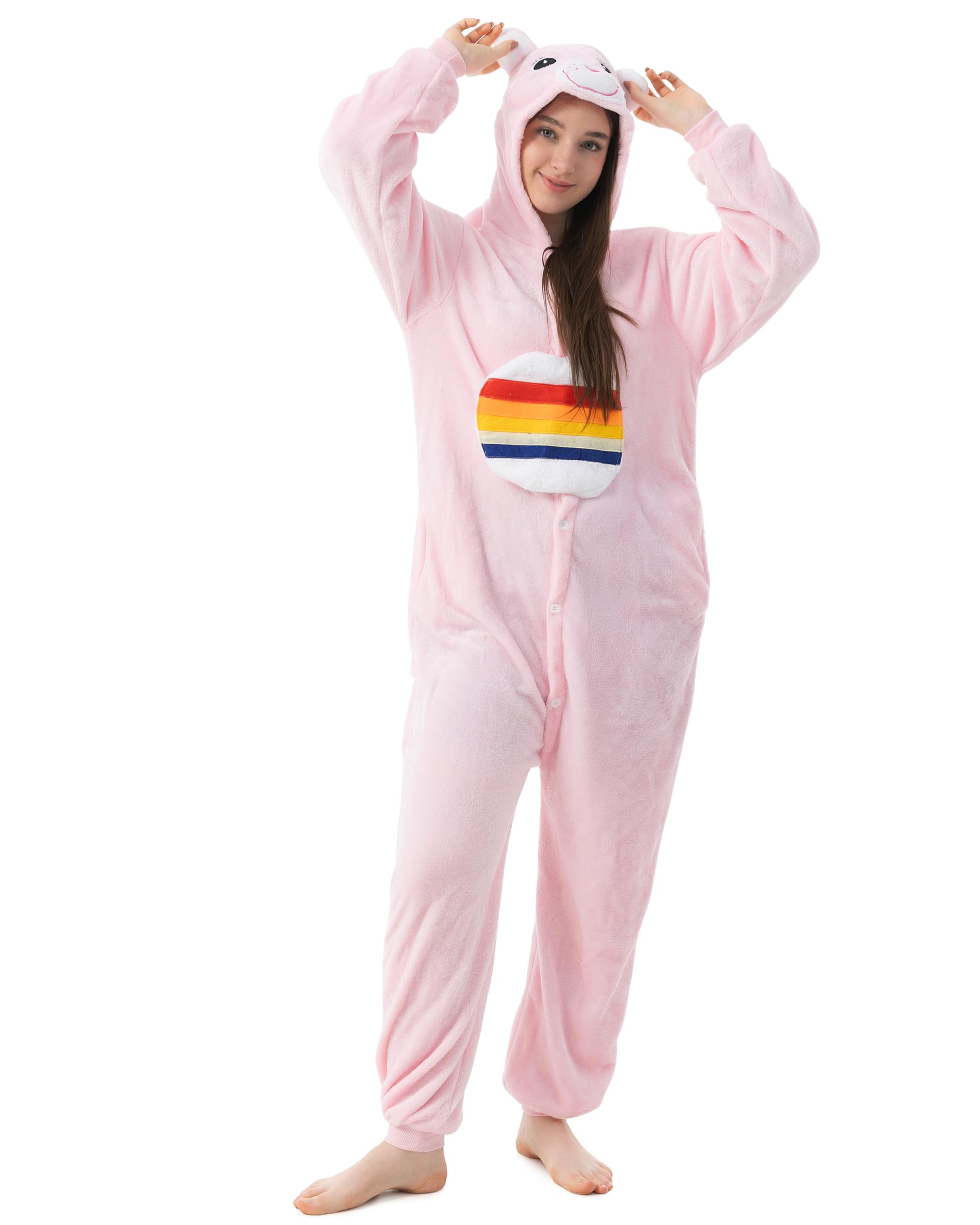 Glücksbärchis Onesie Jumpsuit Süßes Kostüm-Fasching Karneval Party Hausanzug Cosplay Einteiler Sleepsuit Kapuze Tier-Outfit, Glücksbärchi Regenbogen, L