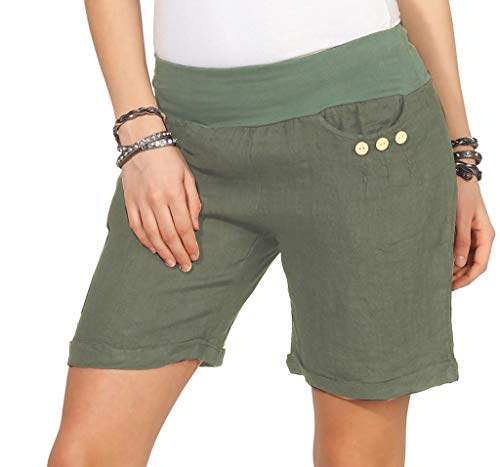 Mississhop 293 Damen Leinenshorts Bermuda lockere Kurze Hose Freizeithose 100% Leinen Shorts mit DREI Knöpfen Sommer Strand Oliv 2XL